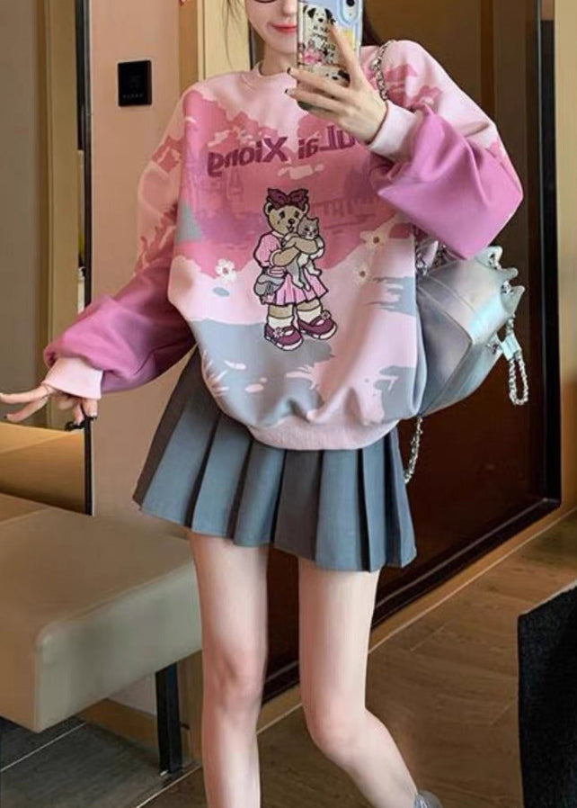 Plus Size Pink O Neck Embroidered Tie Dye Cotton Pullover Streetwear Spring YF002