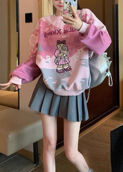 Plus Size Pink O Neck Embroidered Tie Dye Cotton Pullover Streetwear Spring YF002