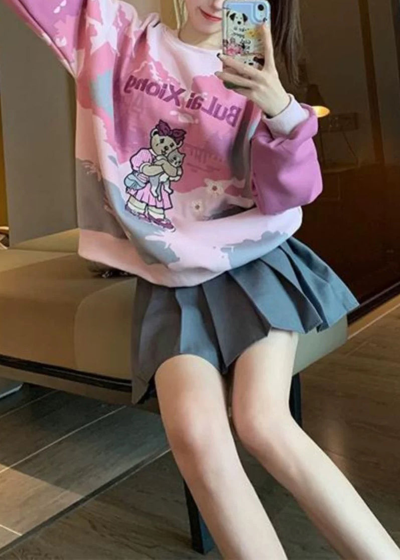 Plus Size Pink O Neck Embroidered Tie Dye Cotton Pullover Streetwear Spring YF002