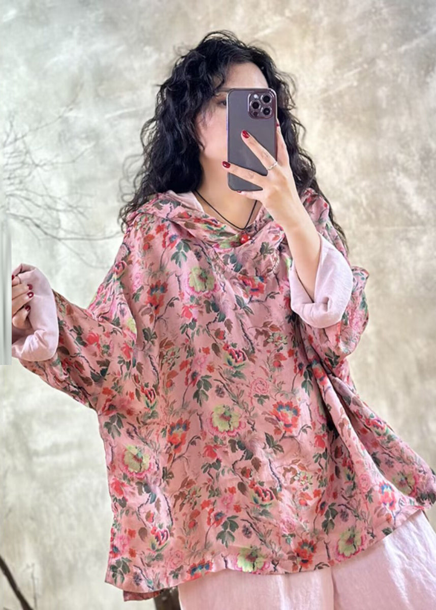 Plus Size Pink Oversized Print Linen Hooded Pullover Top Spring TM005