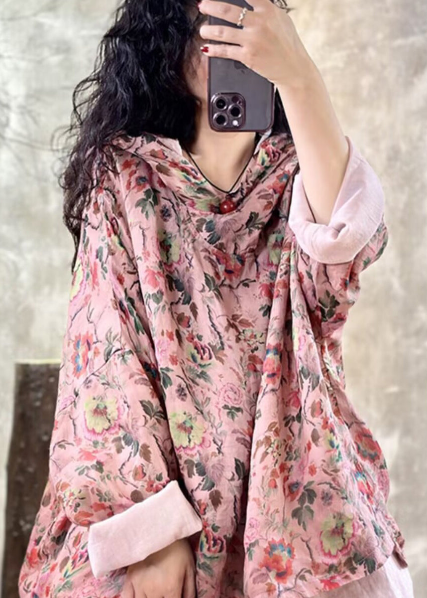 Plus Size Pink Oversized Print Linen Hooded Pullover Top Spring TM005