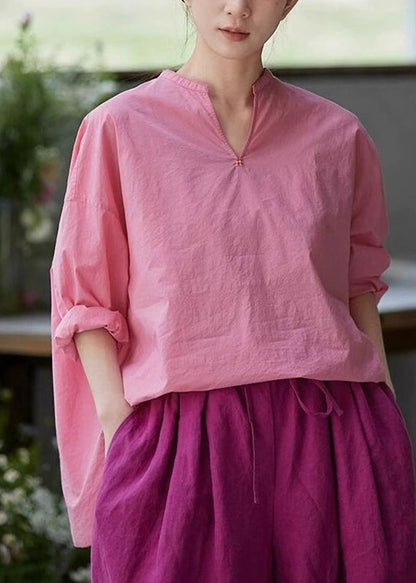 Blouses Neck Plus Open Solid Size Cotton Pink V Side Fall