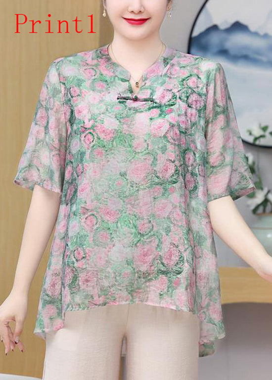Button Oriental Print Chiffon Plus Summer Size Top