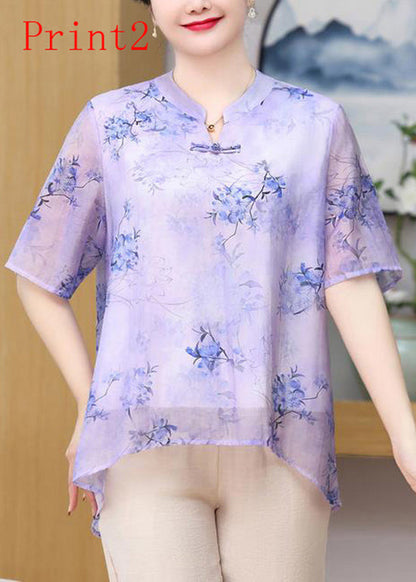 Button Oriental Print Chiffon Plus Summer Size Top