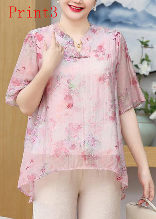 Button Oriental Print Chiffon Plus Summer Size Top