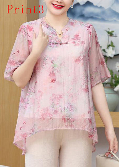 Button Oriental Print Chiffon Plus Summer Size Top