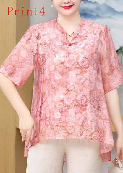 Button Oriental Print Chiffon Plus Summer Size Top