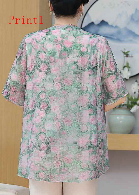 Button Oriental Print Chiffon Plus Summer Size Top