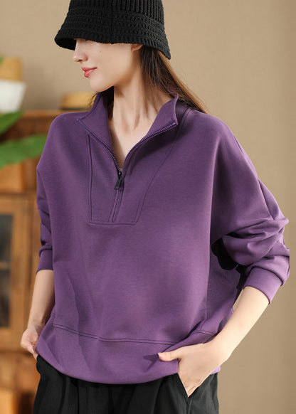 Plus Size Purple Zip Up Cotton Pullover Streetwear Spring TM043