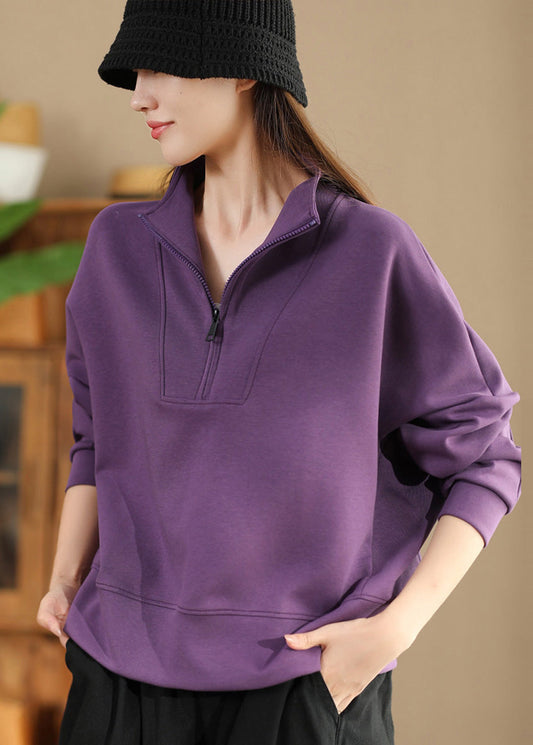 Plus Size Purple Zip Up Cotton Pullover Streetwear Spring TM043