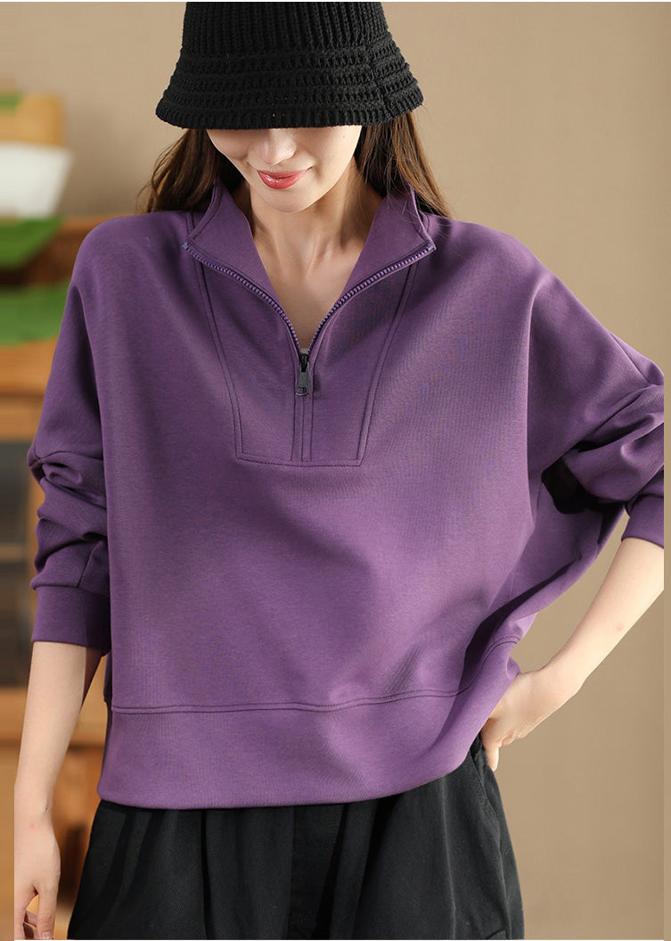 Plus Size Purple Zip Up Cotton Pullover Streetwear Spring TM043