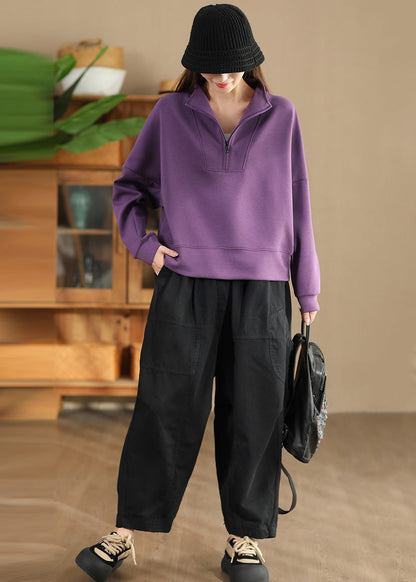 Plus Size Purple Zip Up Cotton Pullover Streetwear Spring TM043