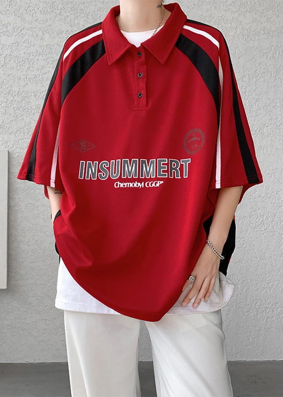 Cotton Button Shirt Patchwork Half Letter Men Plus Size Red Polo