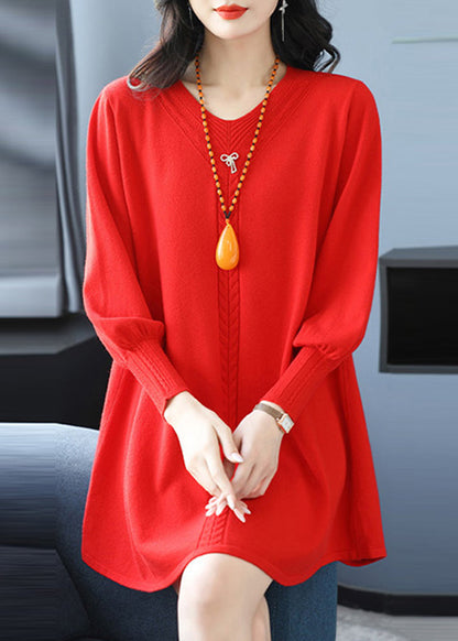 Plus Size Red Patchwork Thick Cotton Knitted Sweaters Winter TE032