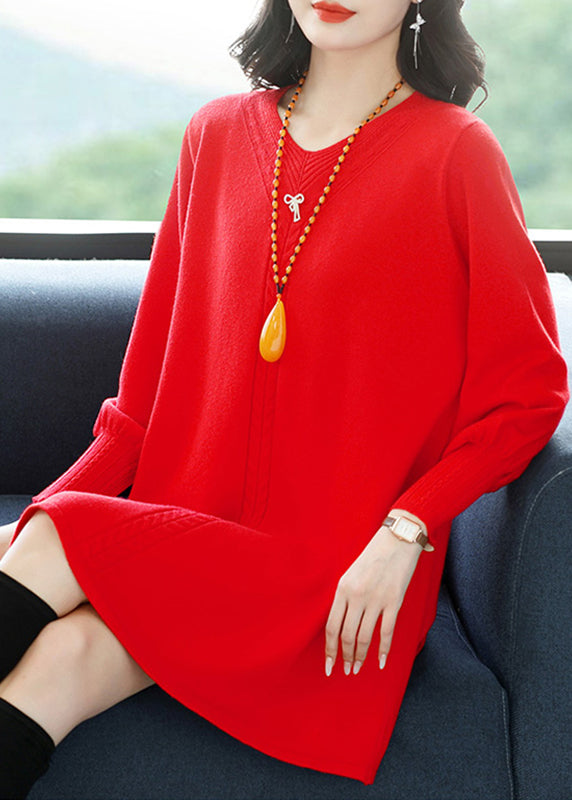 Plus Size Red Patchwork Thick Cotton Knitted Sweaters Winter TE032