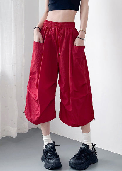 Crop Cotton Summer Size Pockets Pants Red Waist Plus Elastic