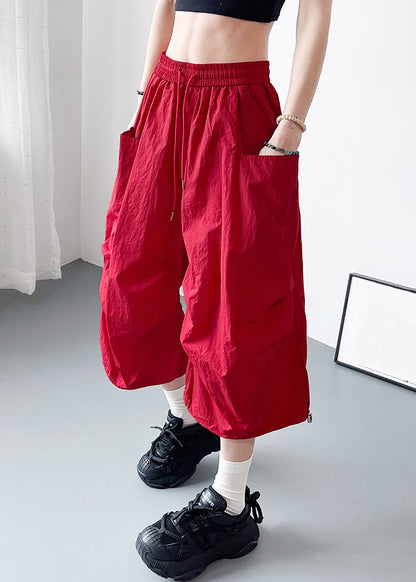 Crop Cotton Summer Size Pockets Pants Red Waist Plus Elastic
