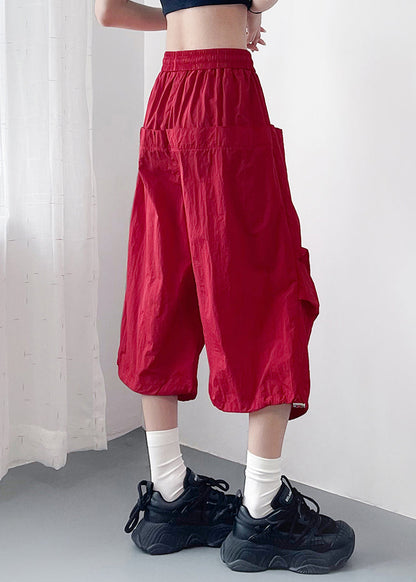 Crop Cotton Summer Size Pockets Pants Red Waist Plus Elastic