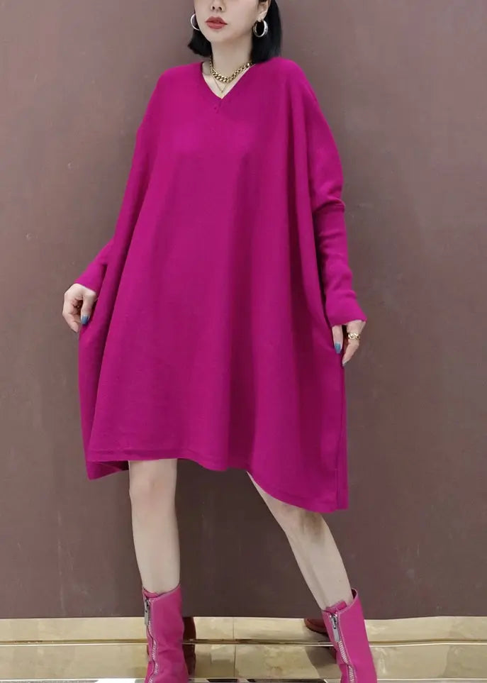 Plus Size Rose V Neck Patchwork Knit Mid Dresses Batwing Sleeve Ada Fashion