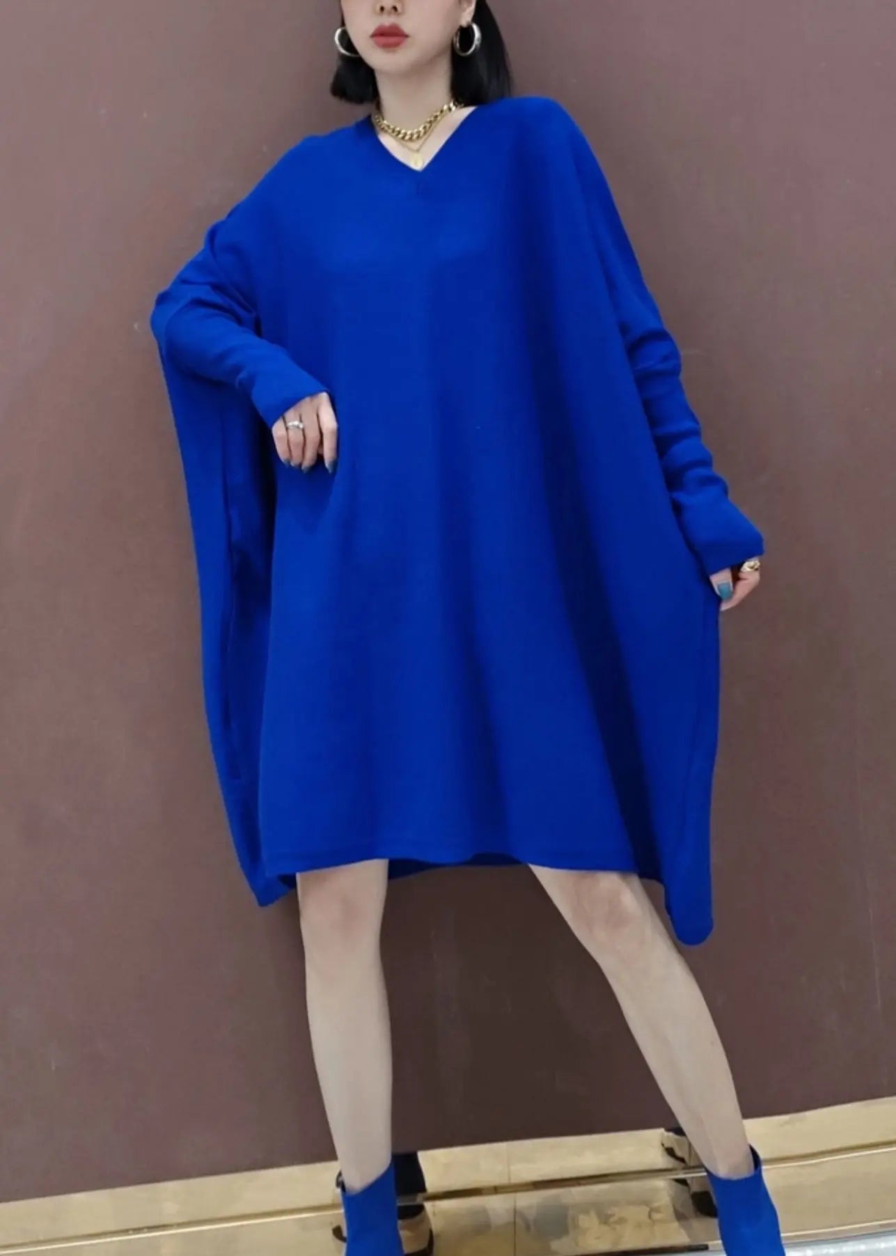 Plus Size Rose V Neck Patchwork Knit Mid Dresses Batwing Sleeve Ada Fashion