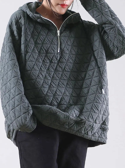 Plus Size Solid Color Pleated Drawstring Zipper Hooded Sweatshirt Ada Fashion