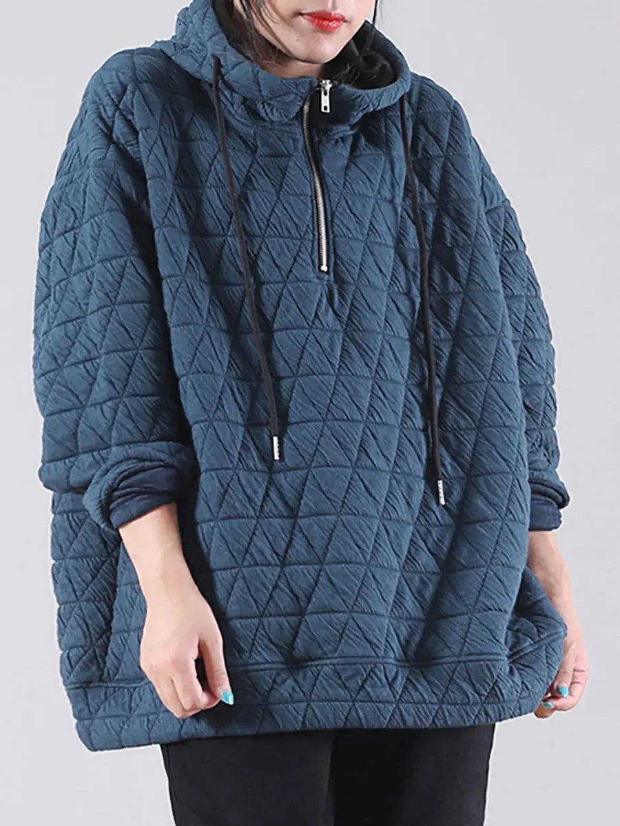 Plus Size Solid Color Pleated Drawstring Zipper Hooded Sweatshirt Ada Fashion