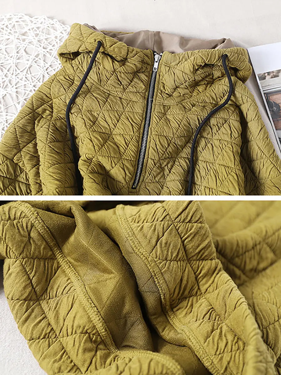 Plus Size Solid Color Pleated Drawstring Zipper Hooded Sweatshirt Ada Fashion