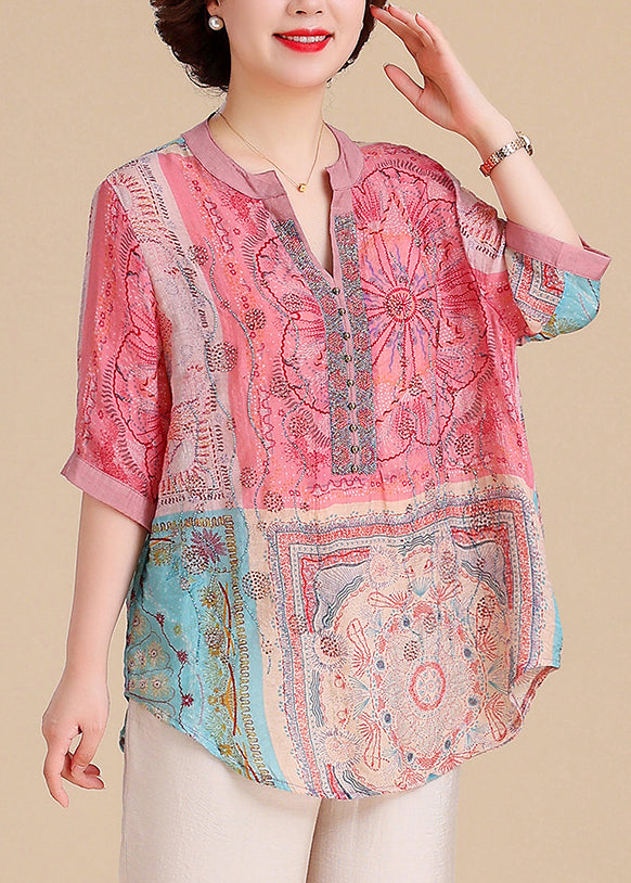 Summer Blouse V Size Cotton Plus Tops Neck Print