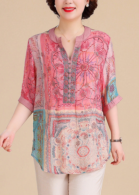 Summer Blouse V Size Cotton Plus Tops Neck Print