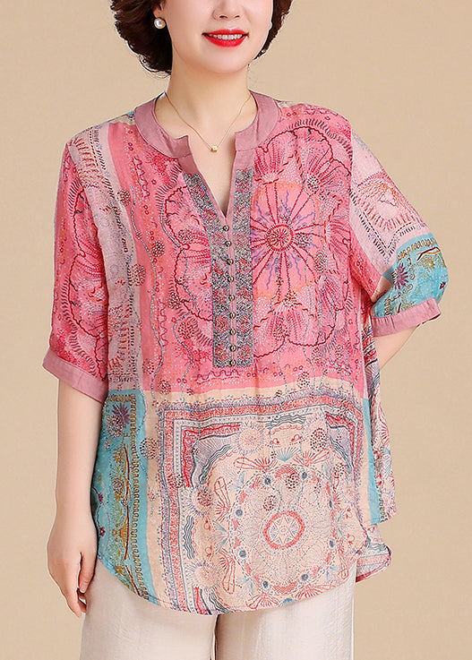 Summer Blouse V Size Cotton Plus Tops Neck Print