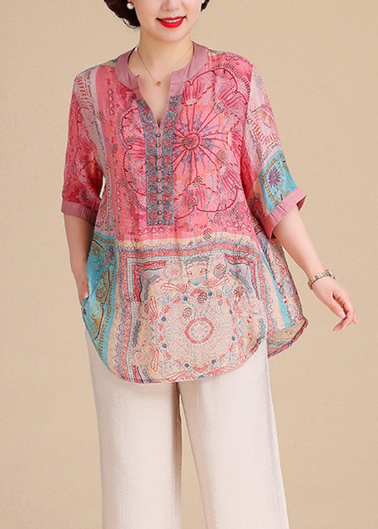 Summer Blouse V Size Cotton Plus Tops Neck Print