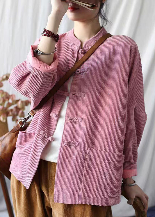 Plus Size Vintage Pink Stand Collar Pockets Corduroy Jackets Spring TJ023