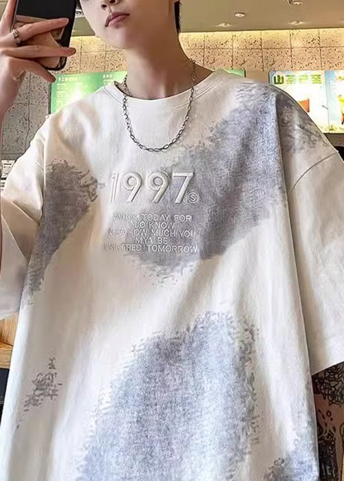 Tie Dye Men White Half Cotton Shirts Plus Embroideried Size T