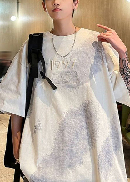 Tie Dye Men White Half Cotton Shirts Plus Embroideried Size T