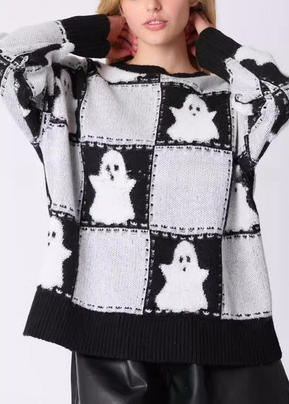 Plus Size White O Neck Plaid Knit Sweater Long Sleeve AE1028