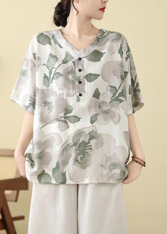 Summer Print T Size Button White Shirt Plus