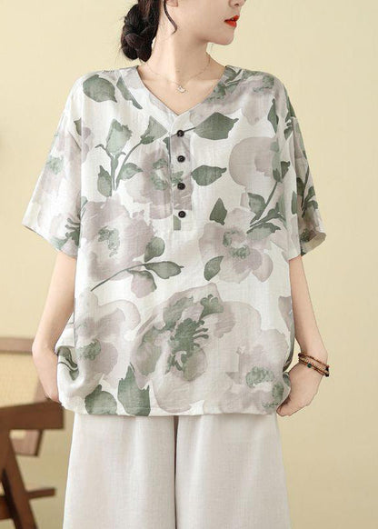 Summer Print T Size Button White Shirt Plus