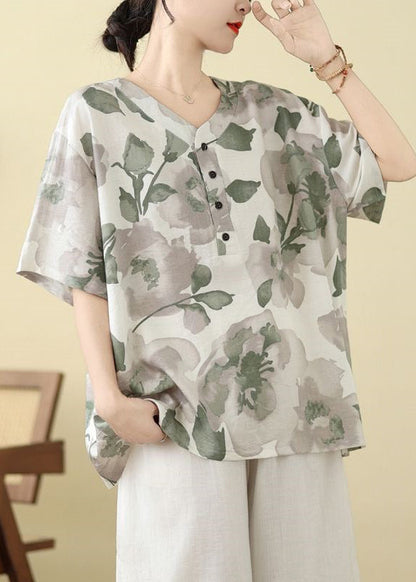Summer Print T Size Button White Shirt Plus