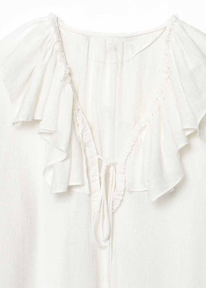 Neck Ruffled Top V Size Chiffon Patchwork White Plus Fall