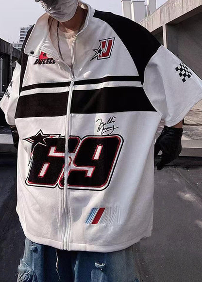 Print White Mens Zip Shirts Half Plus Cotton Up Sleeve Size T