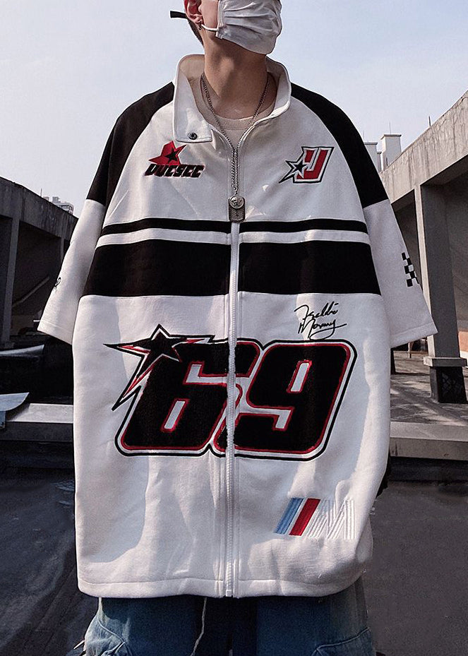 Print White Mens Zip Shirts Half Plus Cotton Up Sleeve Size T