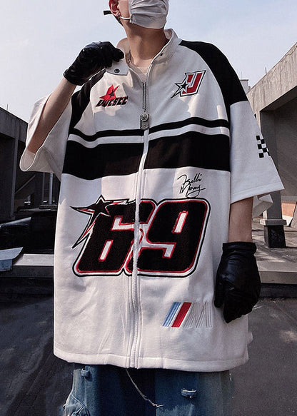 Print White Mens Zip Shirts Half Plus Cotton Up Sleeve Size T