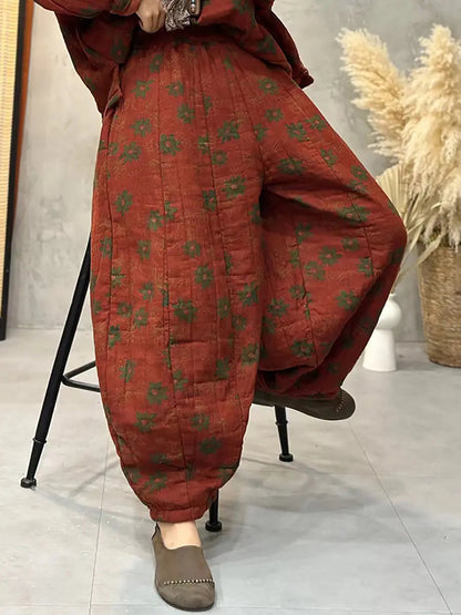 Plus Size Women Vintage Flower Cotton Padded Pants Ada Fashion