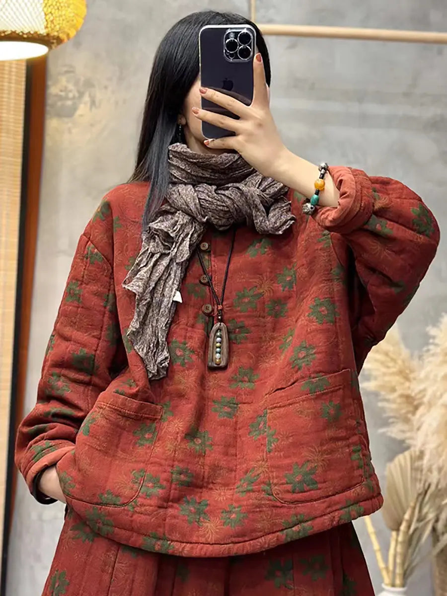 Plus Size Women Vintage Flower Cotton Padded Pants Ada Fashion