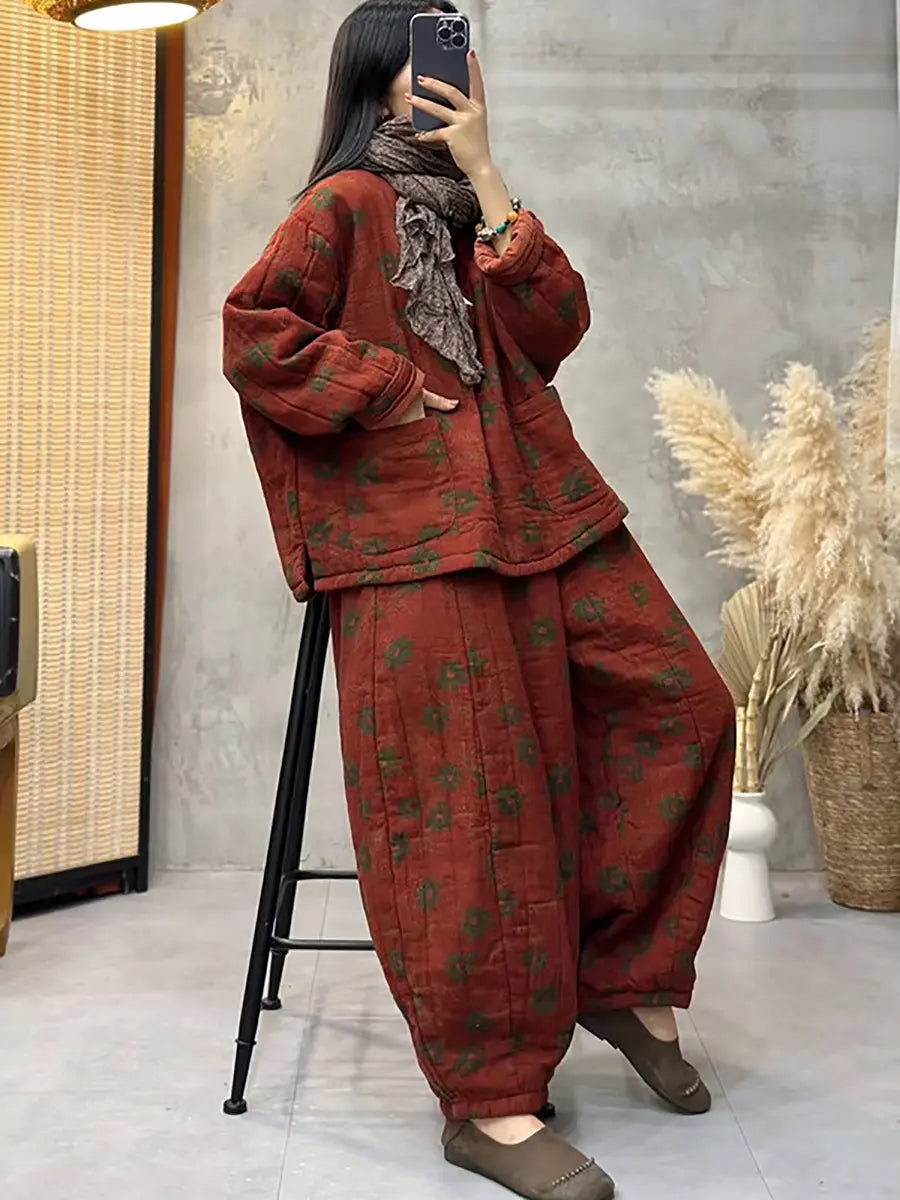 Plus Size Women Vintage Flower Cotton Padded Sweatshirt Ada Fashion