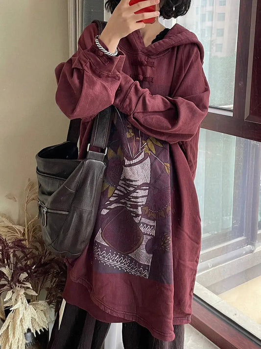 Plus Size Women Vintage Flower Hooded Long Sweatshirt Ada Fashion