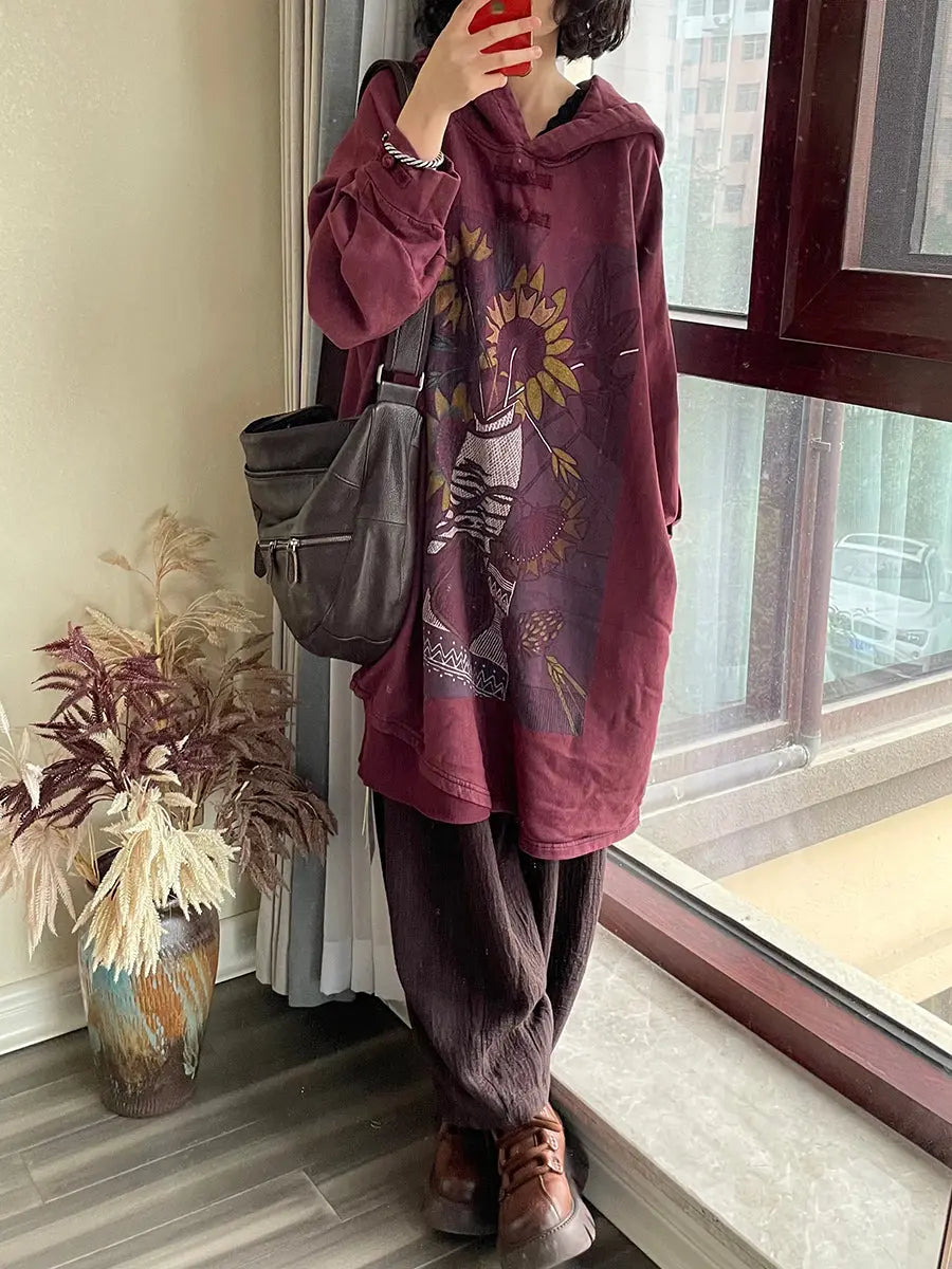 Plus Size Women Vintage Flower Hooded Long Sweatshirt Ada Fashion