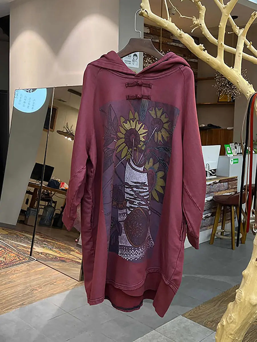 Plus Size Women Vintage Flower Hooded Long Sweatshirt Ada Fashion