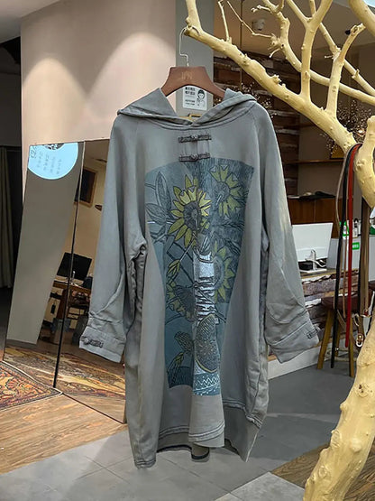 Plus Size Women Vintage Flower Hooded Long Sweatshirt Ada Fashion