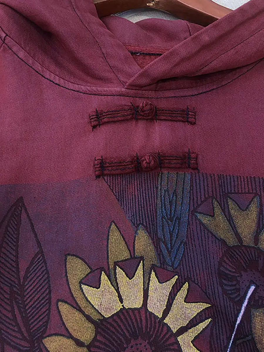 Plus Size Women Vintage Flower Hooded Long Sweatshirt Ada Fashion